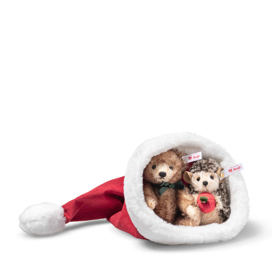 Steiff Igel und Teddybär in Weihnachtsmütze - 14cm - (005770) - Neu -