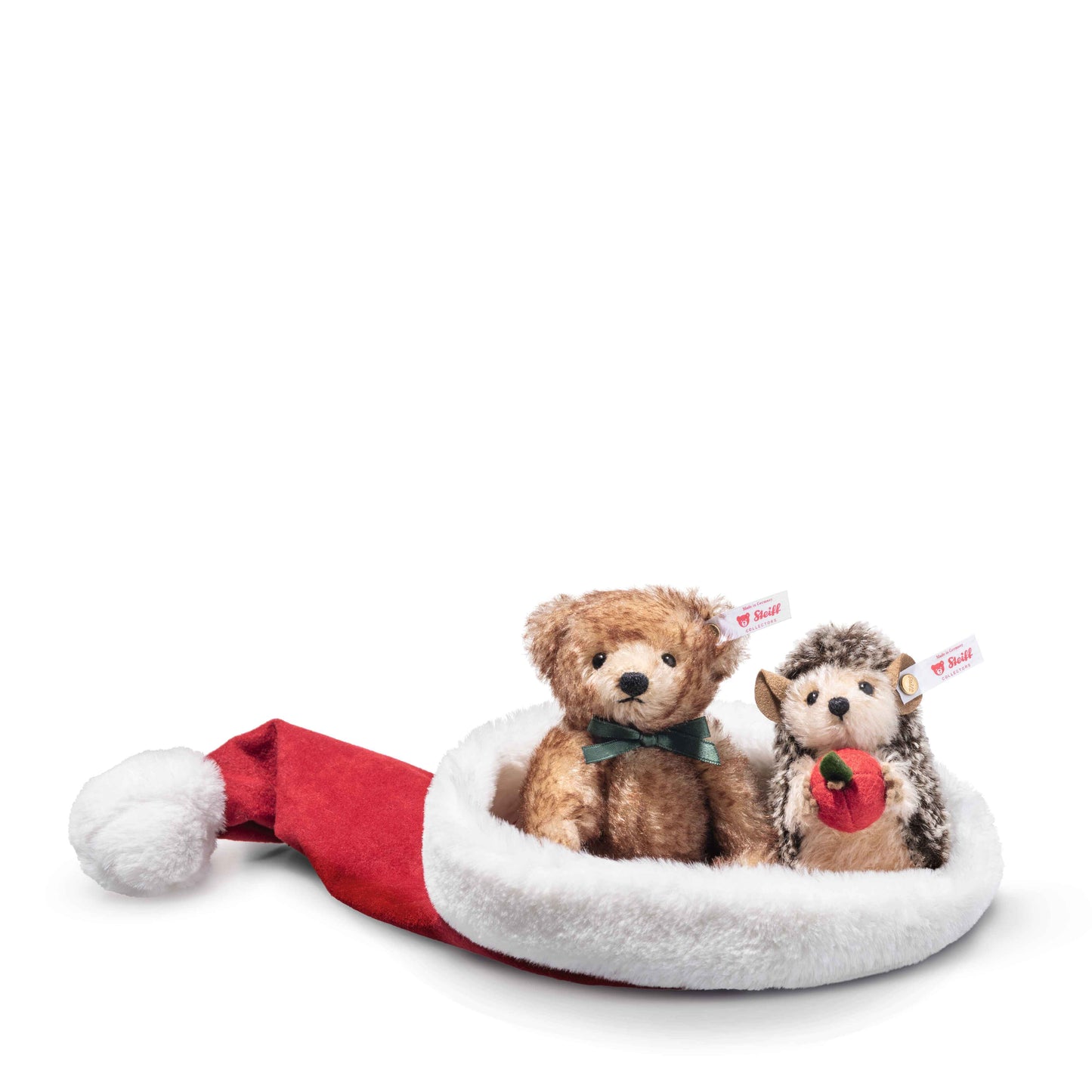 Steiff Igel und Teddybär in Weihnachtsmütze - 14cm - (005770) - Neu -