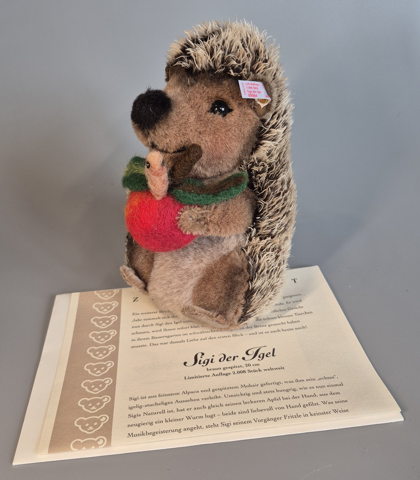 Steiff Sigi der Igel, mit Musikspielwerk, 20cm, neuwertig, 2008, (037092) ARCHIV