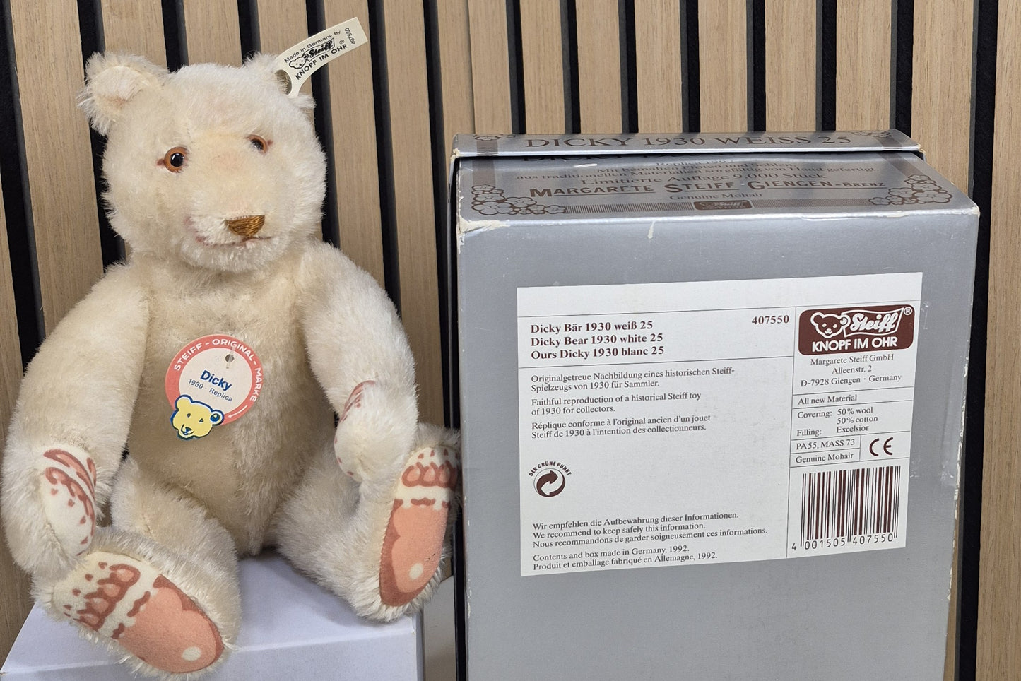 Steiff Dicky Bär Replika - weiß - 25cm - (407550) - Neuwertig - (B1)