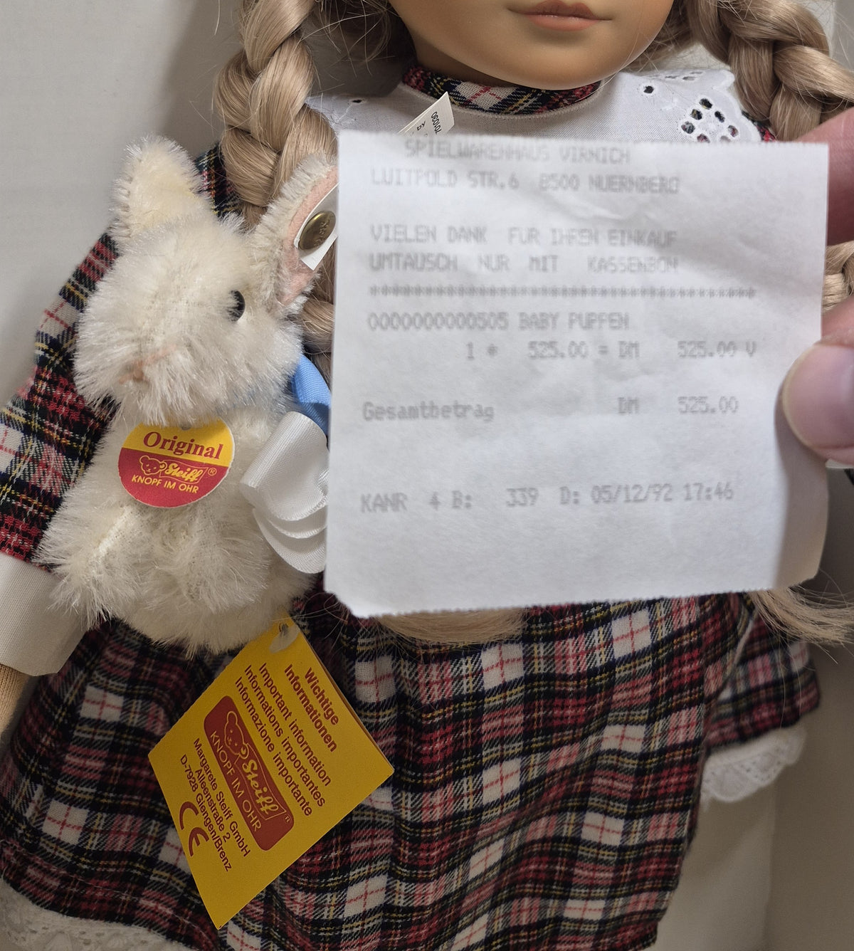 Steiff Puppe Else mit Häschen - 1992 - 43cm - (701030) - Neuwertig -