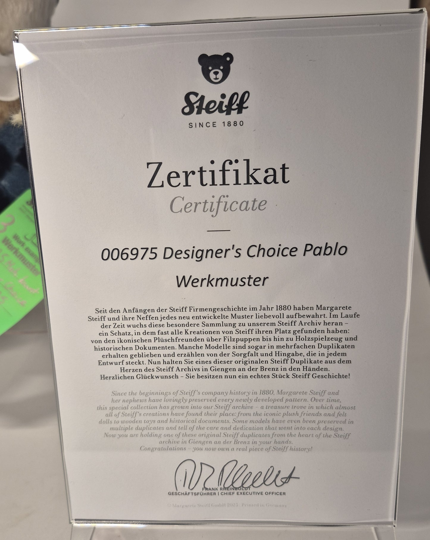 Steiff Designer's Choice Pablo Teddybär - WERKMUSTER -  2019 (006975)